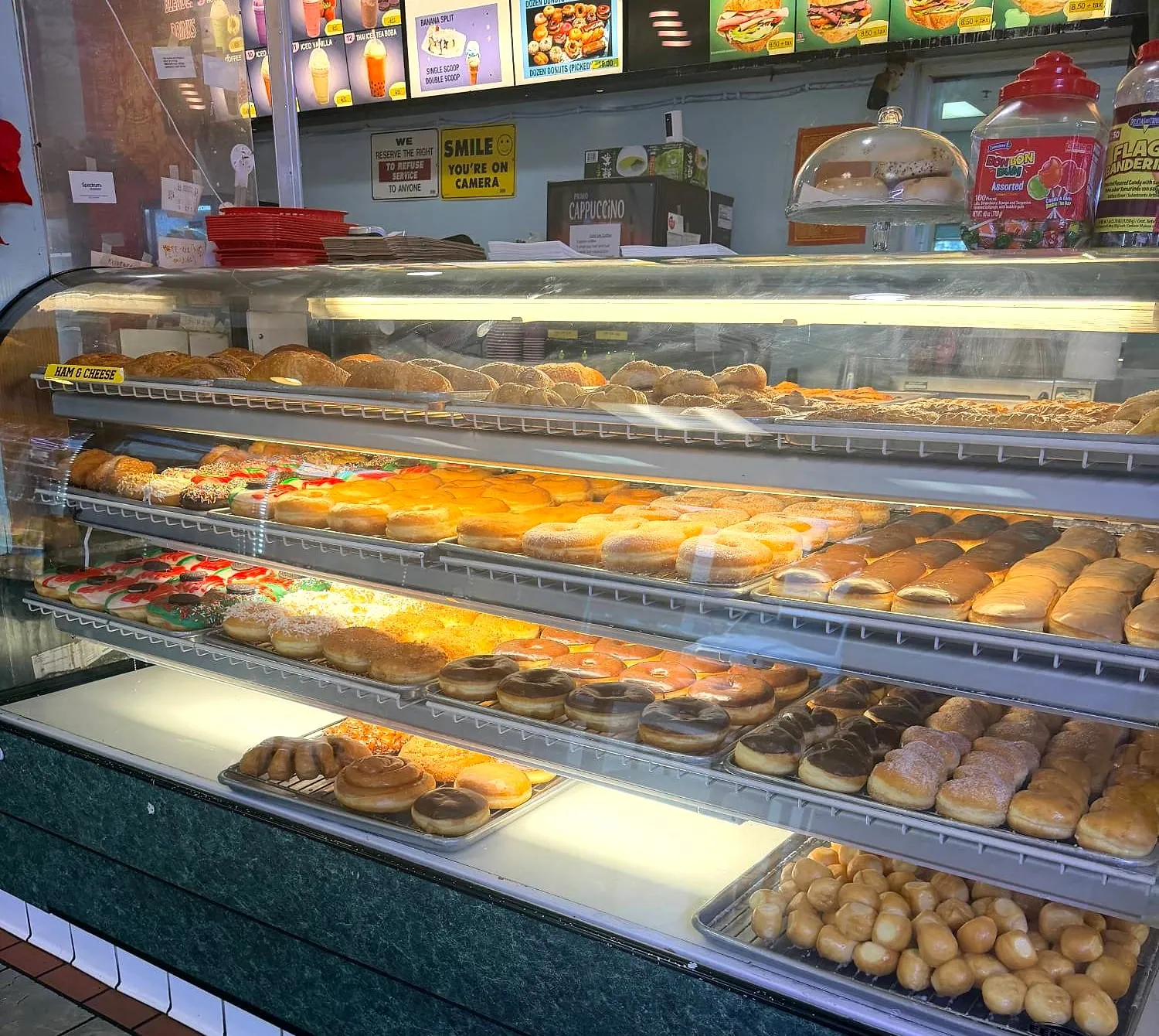 The donut case at Coffee Time, stocked fresh every morning