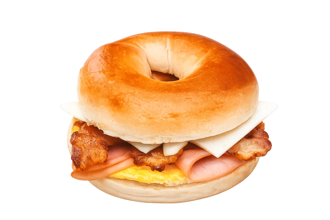 Egg, ham, bacon and cheese bagel