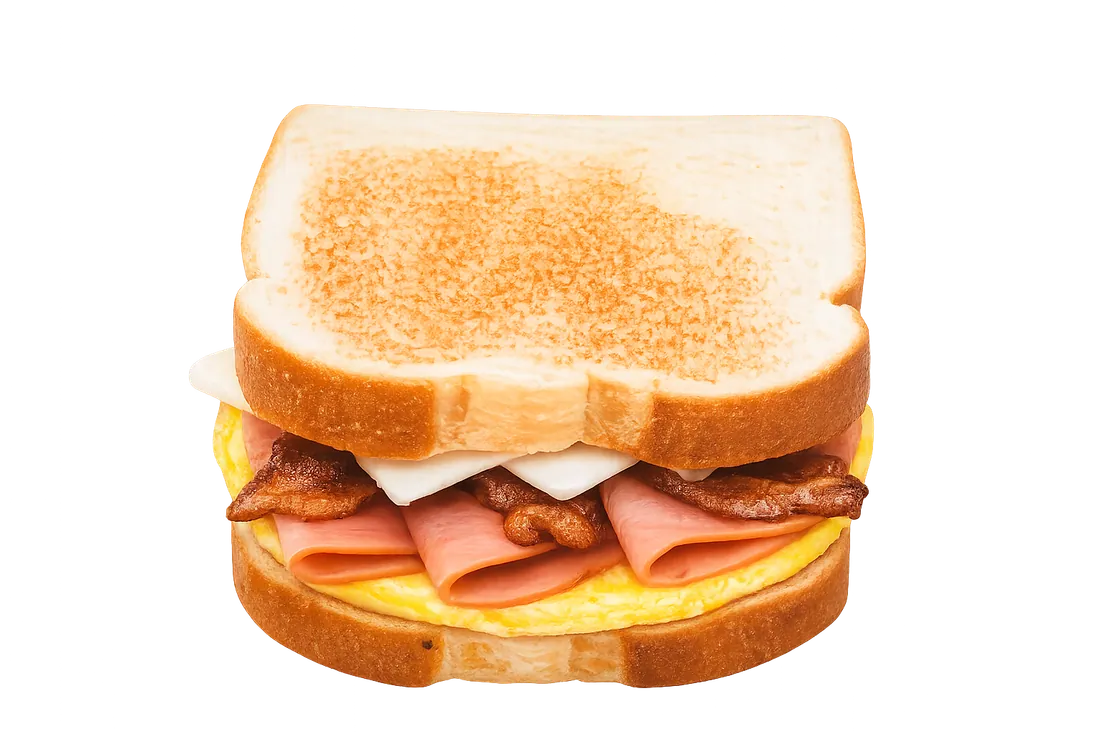 Egg, ham, bacon and cheese toast