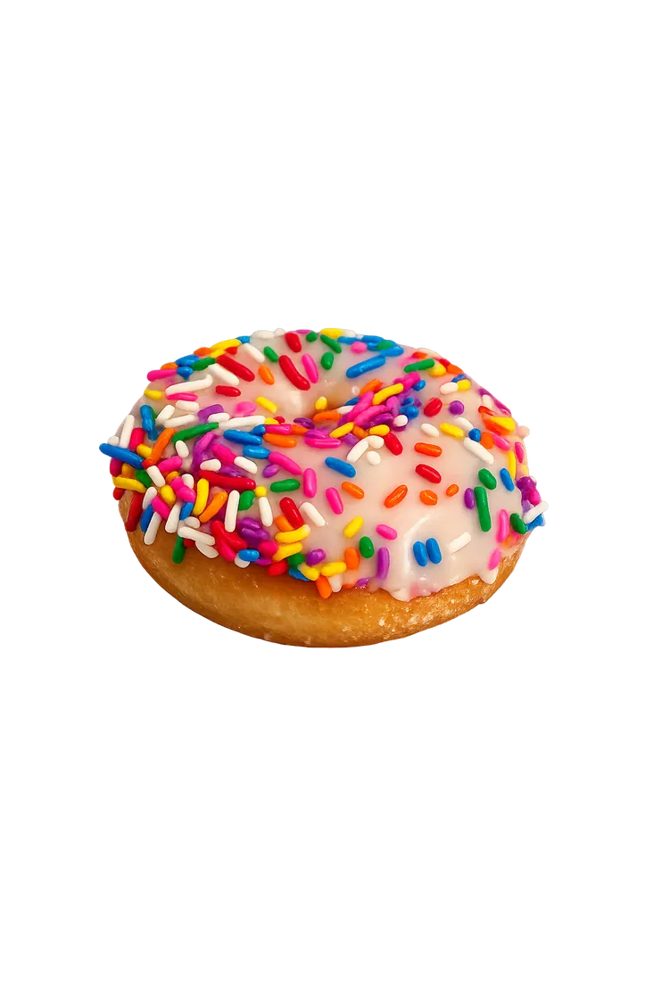 Vanilla frosted donut with rainbow sprinkles